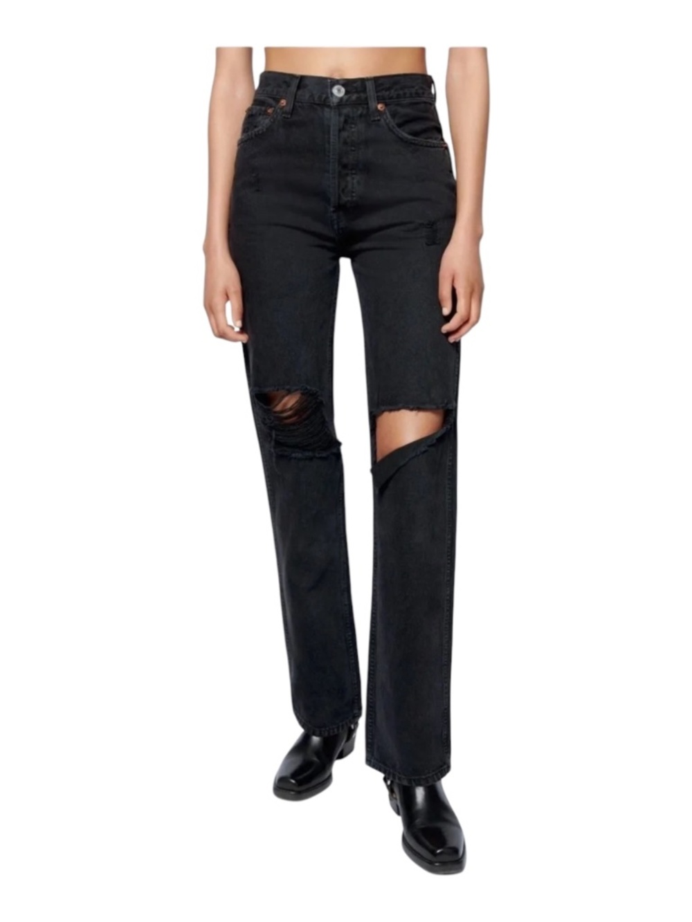 RE/DONE Originals High Rise Loose Jeans Washed Black With Rips SZ 24 Hemmed 29"